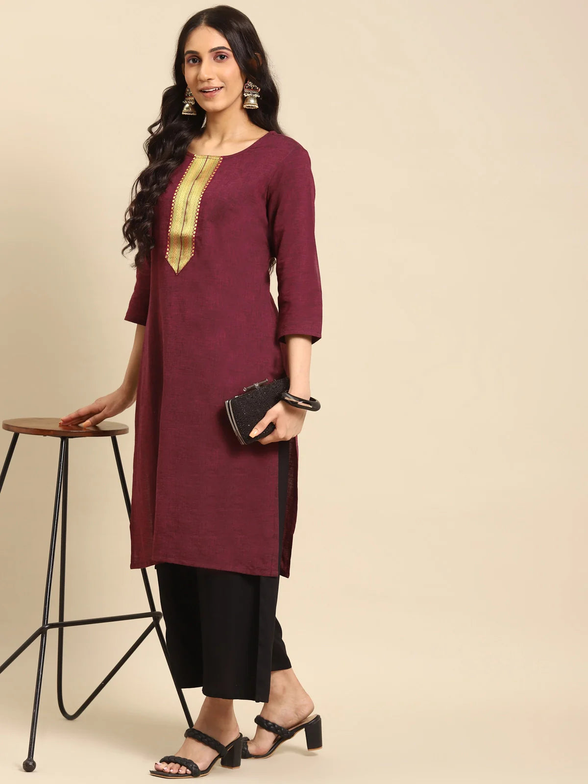 Buy 100% Cotton Zari Tape Placket Knee Length Straight Kurta-Maroon