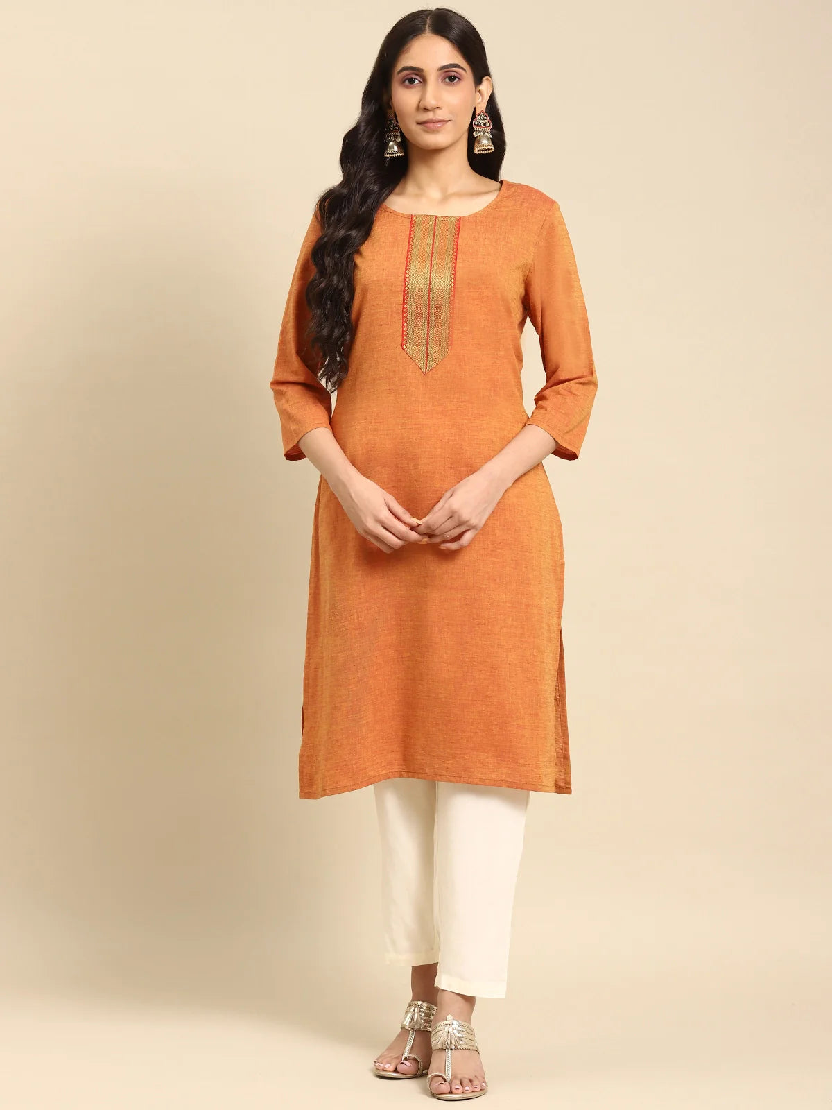 Buy 100% Cotton Zari Tape Placket Knee Length Straight Kurta-Orange