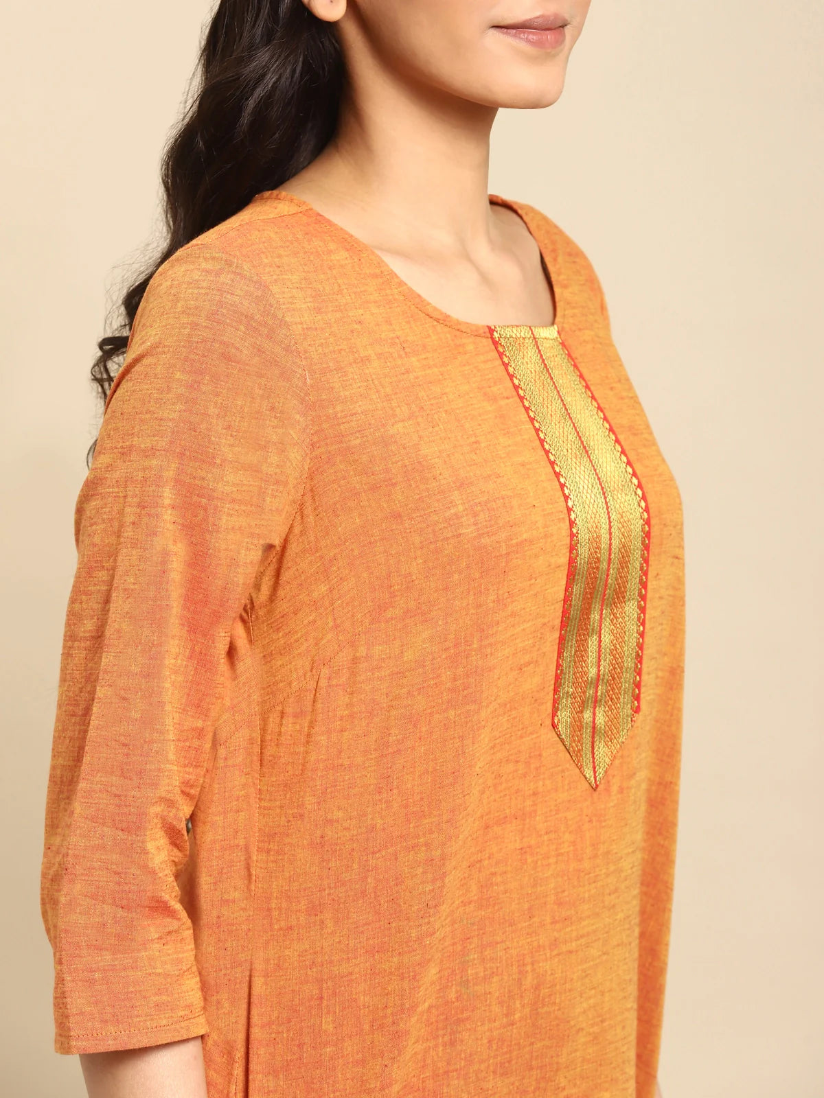 Buy 100% Cotton Zari Tape Placket Knee Length Straight Kurta-Orange