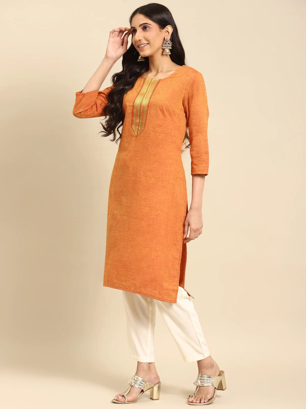 Buy 100% Cotton Zari Tape Placket Knee Length Straight Kurta-Orange