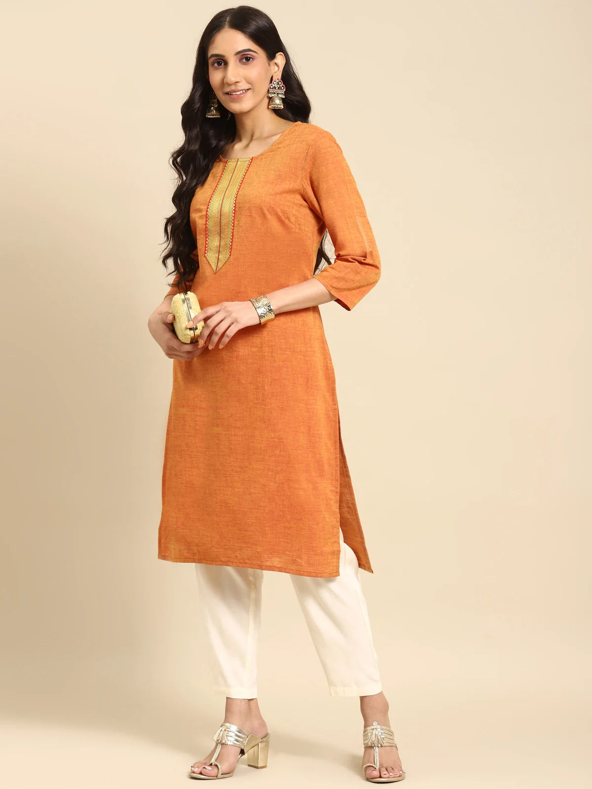 Buy 100% Cotton Zari Tape Placket Knee Length Straight Kurta-Orange