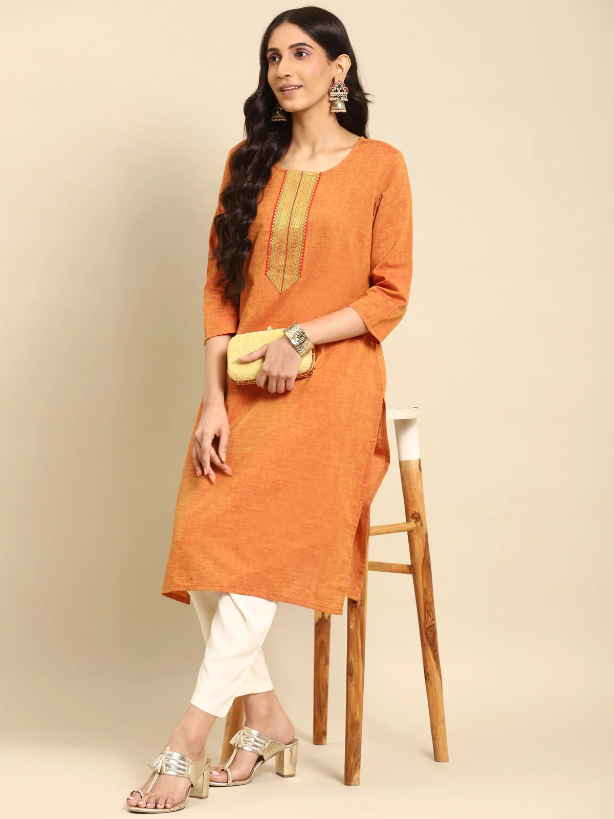 Buy 100% Cotton Zari Tape Placket Knee Length Straight Kurta-Orange