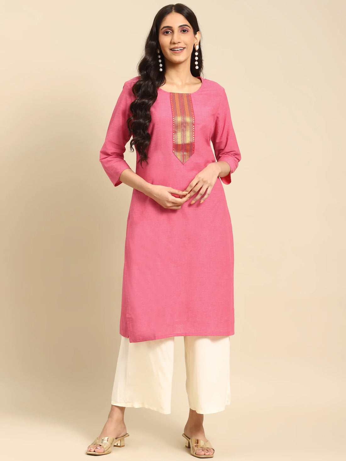 Buy 100% Cotton Zari Tape Placket Knee Length Straight Kurta-Pink