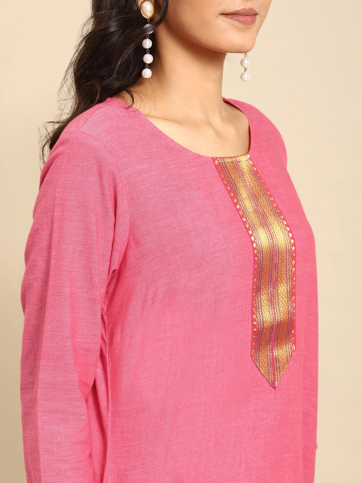 Buy 100% Cotton Zari Tape Placket Knee Length Straight Kurta-Pink