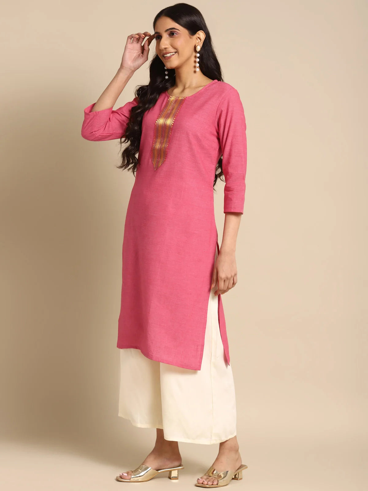 Buy 100% Cotton Zari Tape Placket Knee Length Straight Kurta-Pink