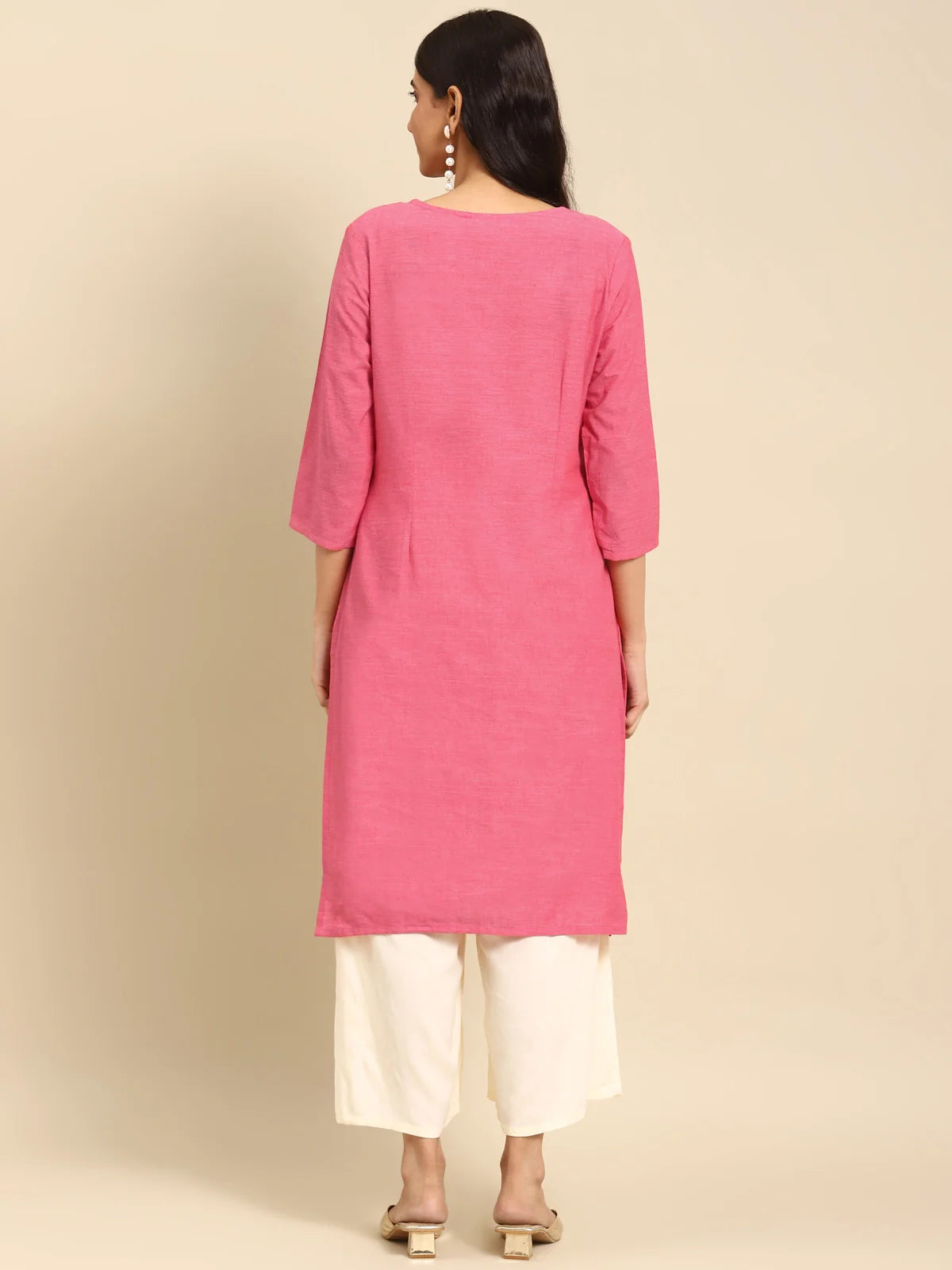 Buy 100% Cotton Zari Tape Placket Knee Length Straight Kurta-Pink