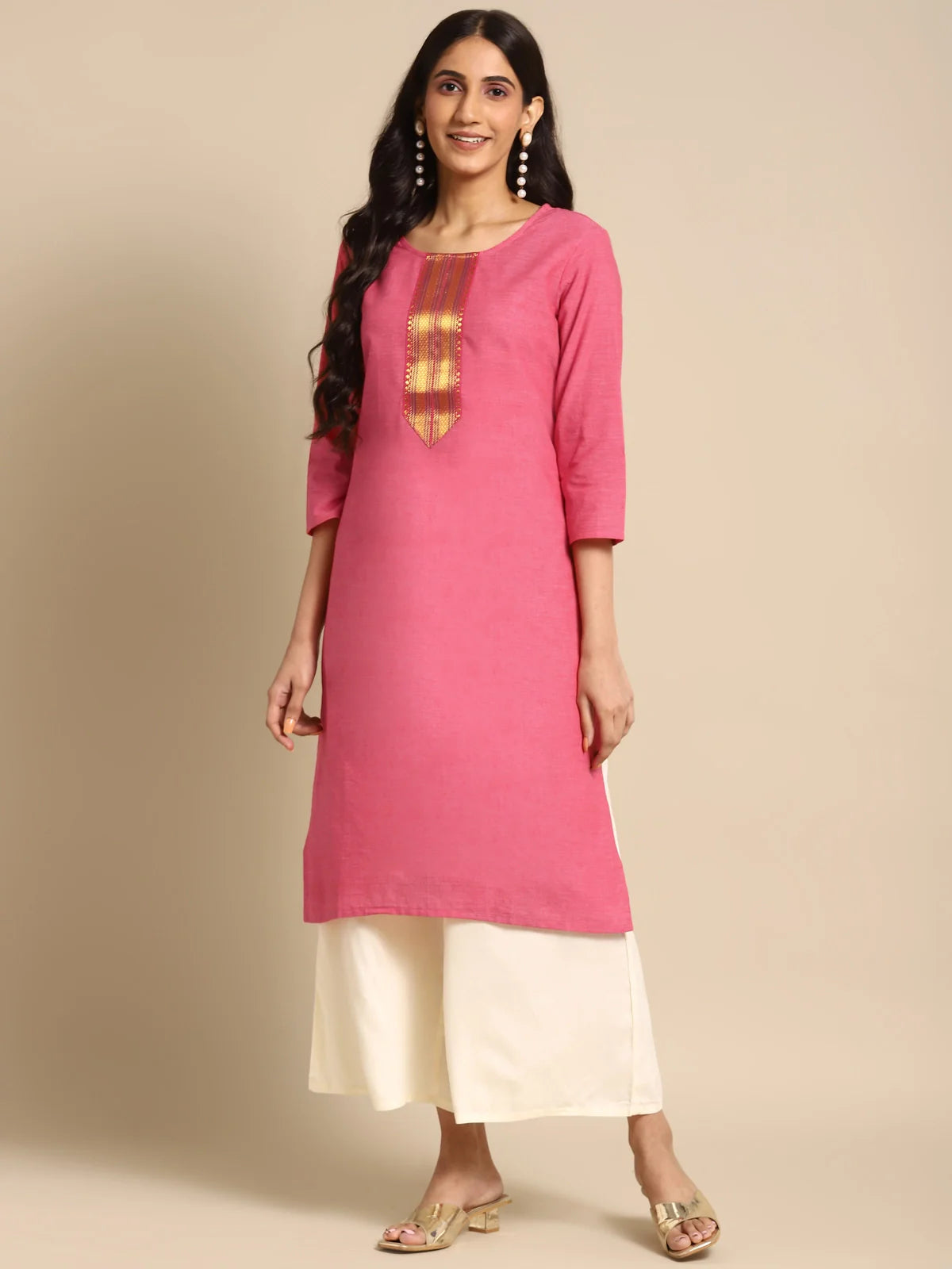 Buy 100% Cotton Zari Tape Placket Knee Length Straight Kurta-Pink