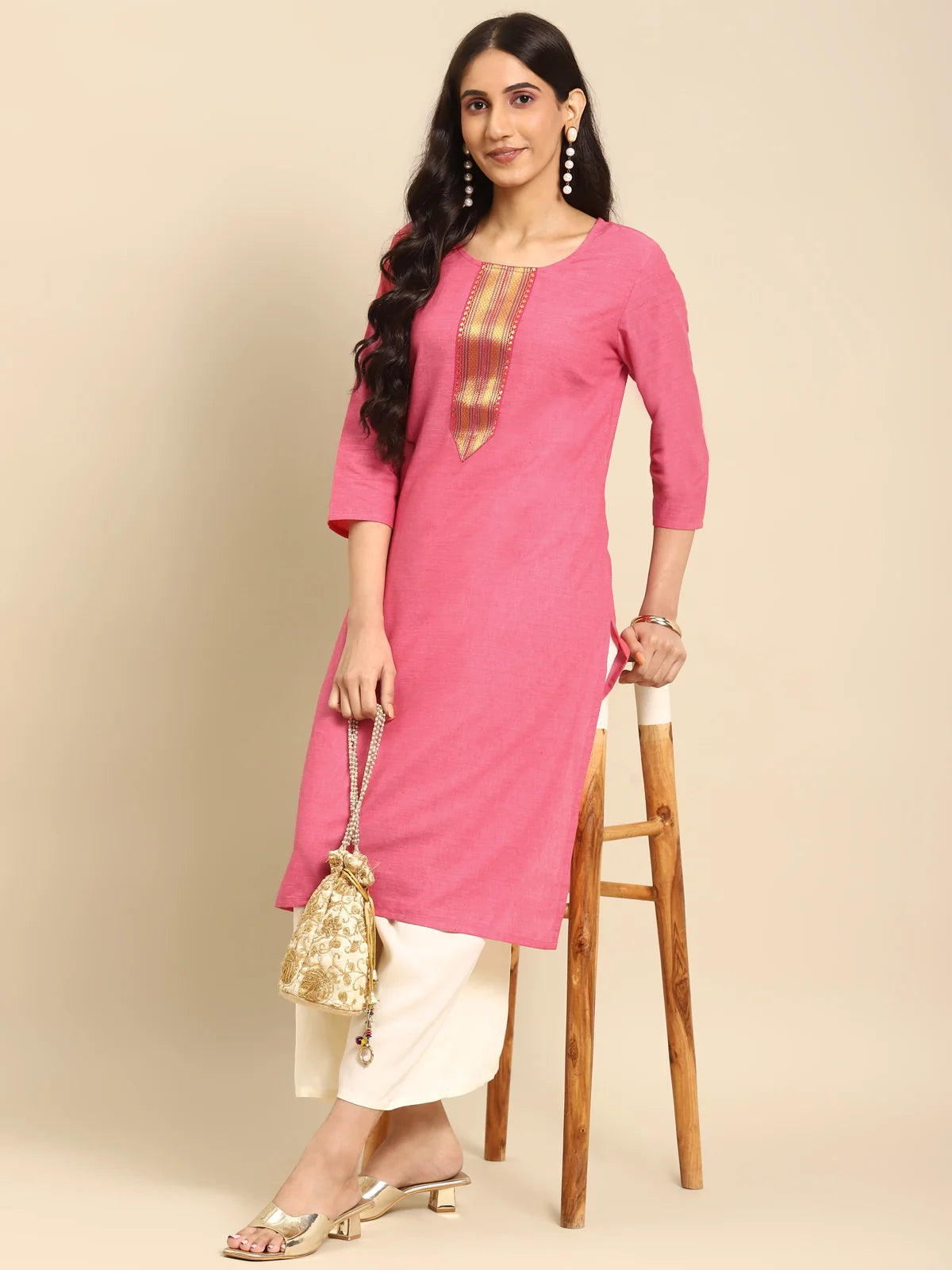 Buy 100% Cotton Zari Tape Placket Knee Length Straight Kurta-Pink