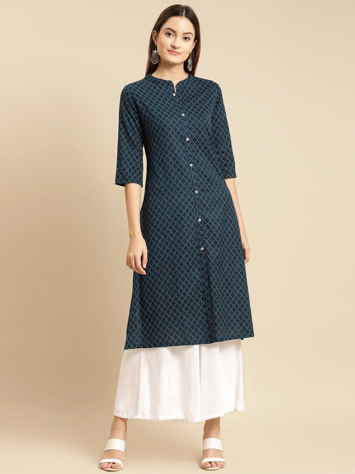 Buy Cotton Flex Tonal Front Button Placket Calf Length A-line Kurta-Navy Blue