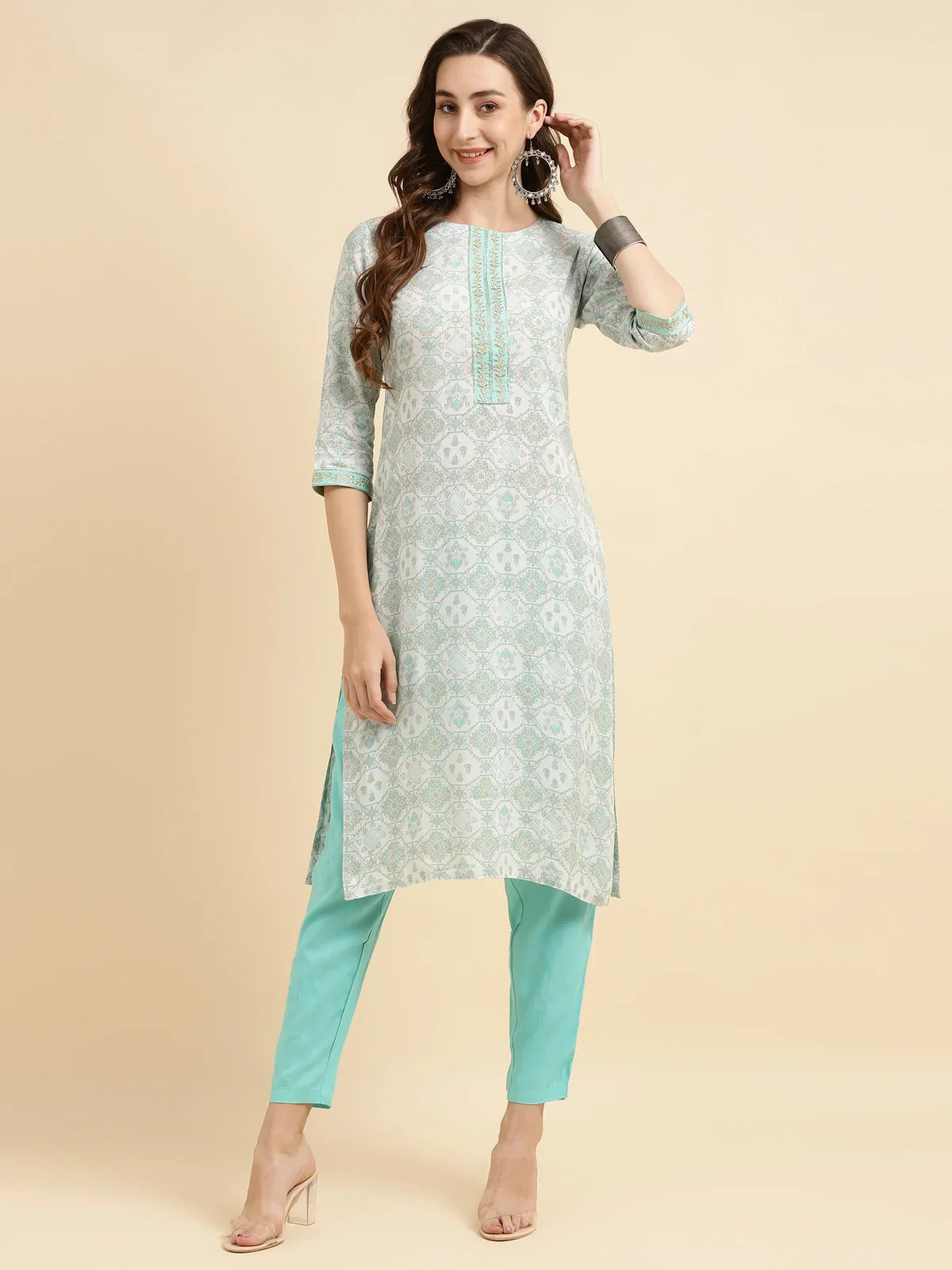 Buy Rayon Zari Embroidred Straight Knee Length Kurta With Pant-Light Blue