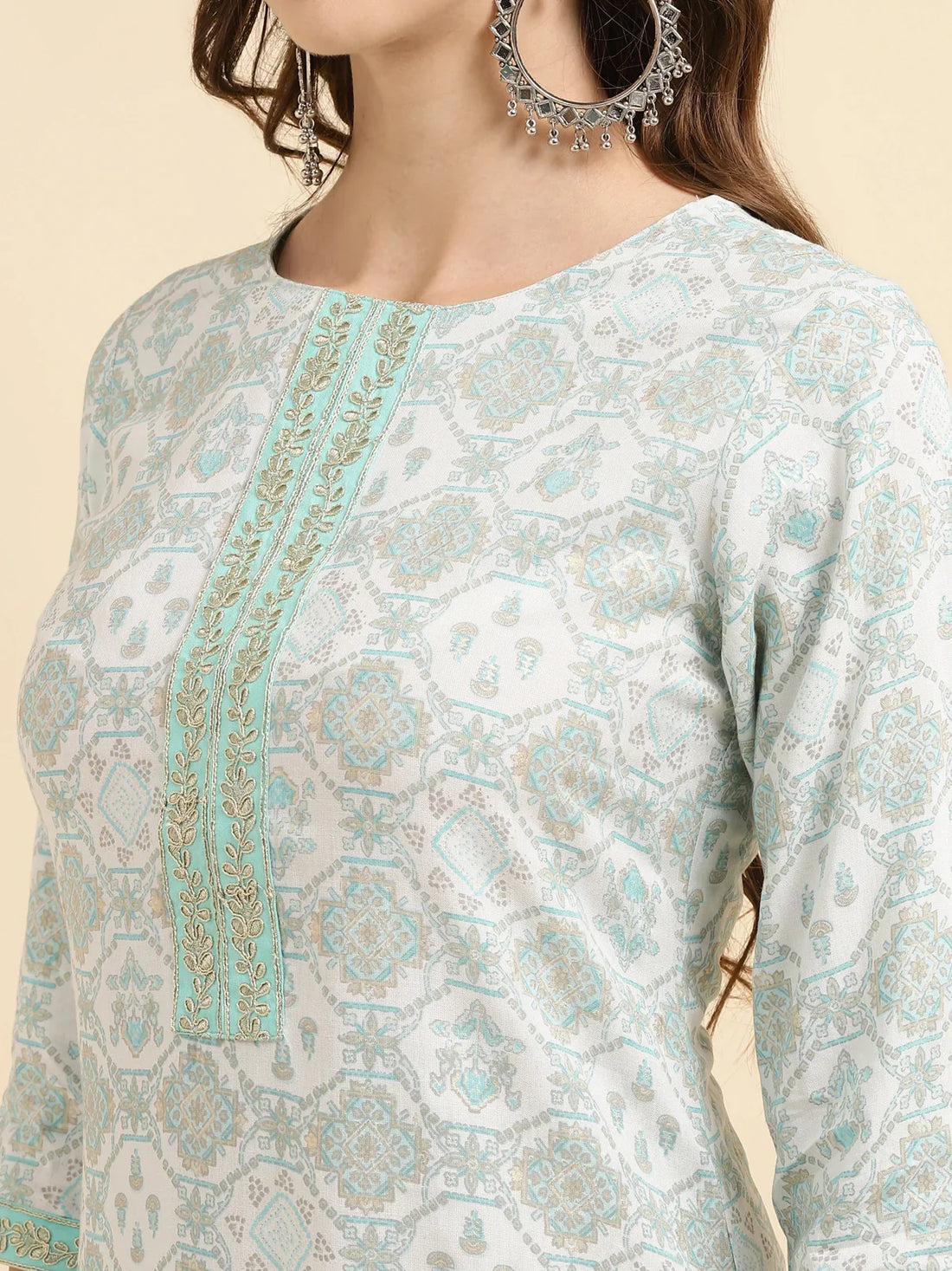 Buy Rayon Zari Embroidred Straight Knee Length Kurta With Pant-Light Blue