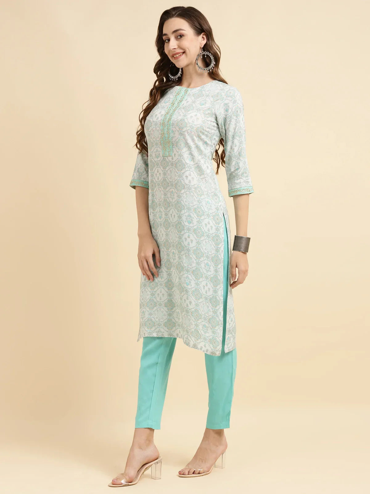 Buy Rayon Zari Embroidred Straight Knee Length Kurta With Pant-Light Blue