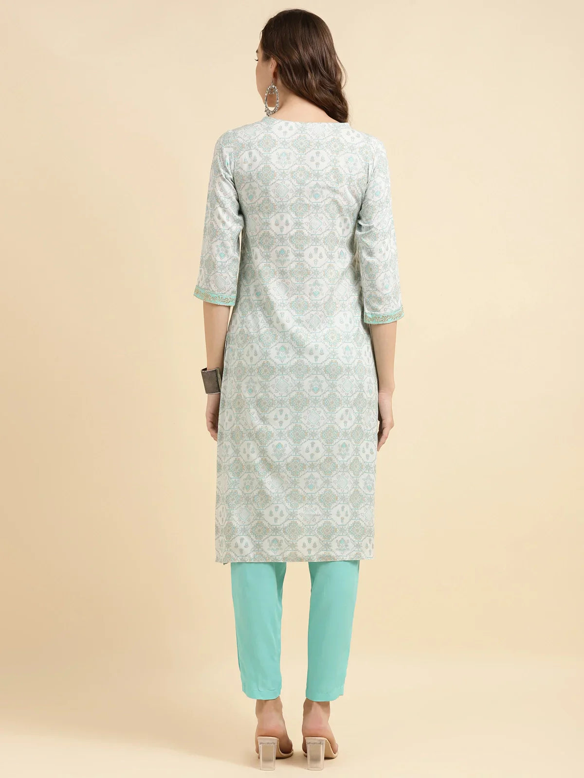 Buy Rayon Zari Embroidred Straight Knee Length Kurta With Pant-Light Blue