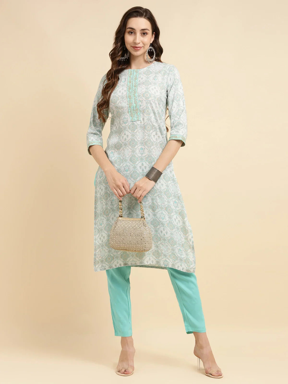 Buy Rayon Zari Embroidred Straight Knee Length Kurta With Pant-Light Blue