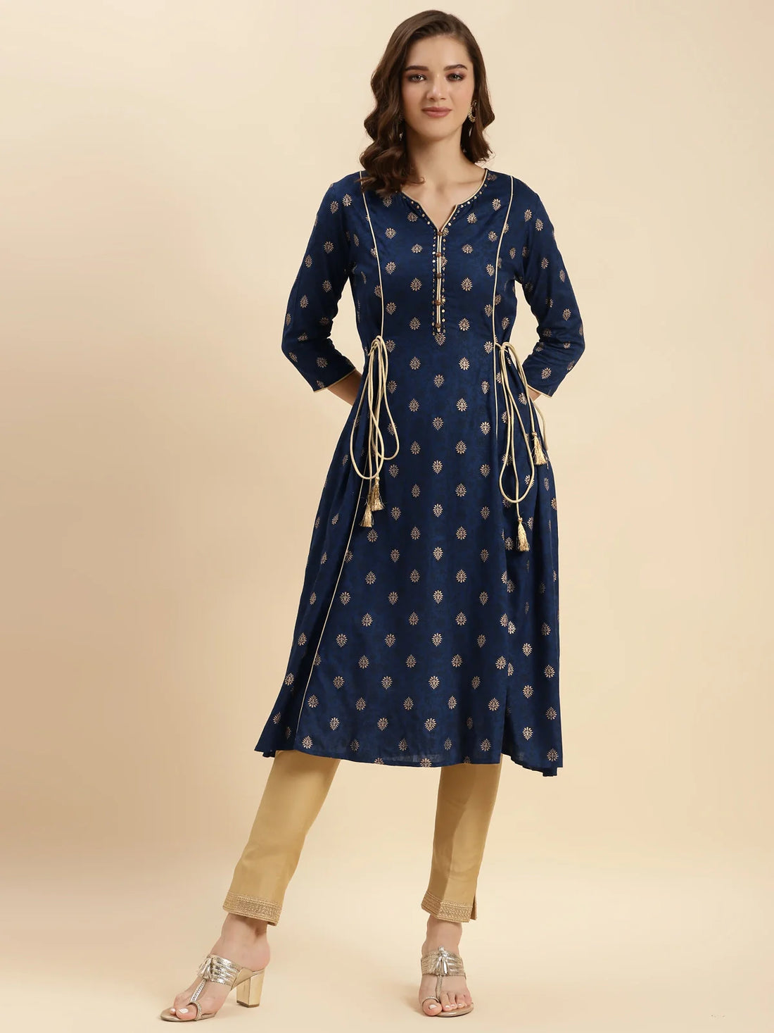 Buy Rayon Calf Length A-line Kurta With Drawstring On Waist-Navy Blue