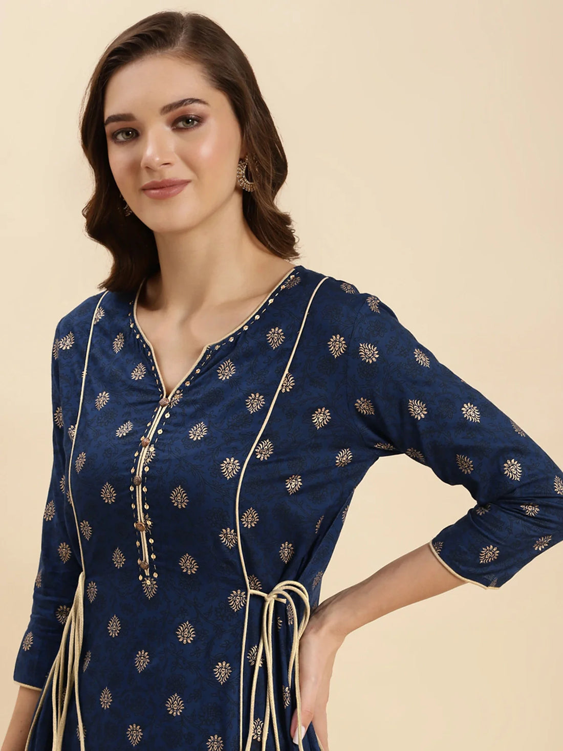 Buy Rayon Calf Length A-line Kurta With Drawstring On Waist-Navy Blue