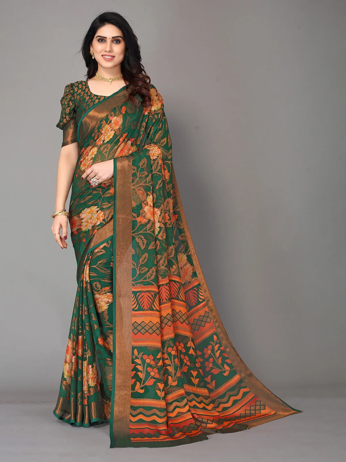 Buy Floral Printed Chiffon Saree With Blouse Piece-Green