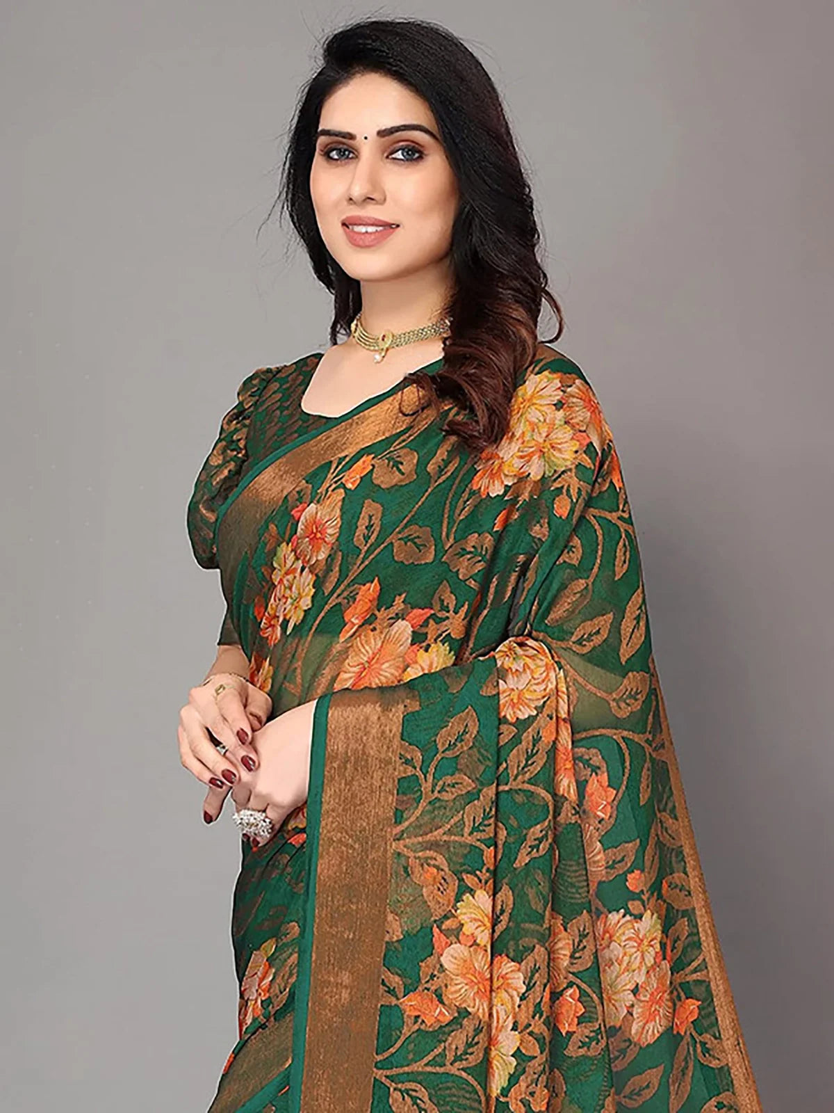 Buy Floral Printed Chiffon Saree With Blouse Piece-Green