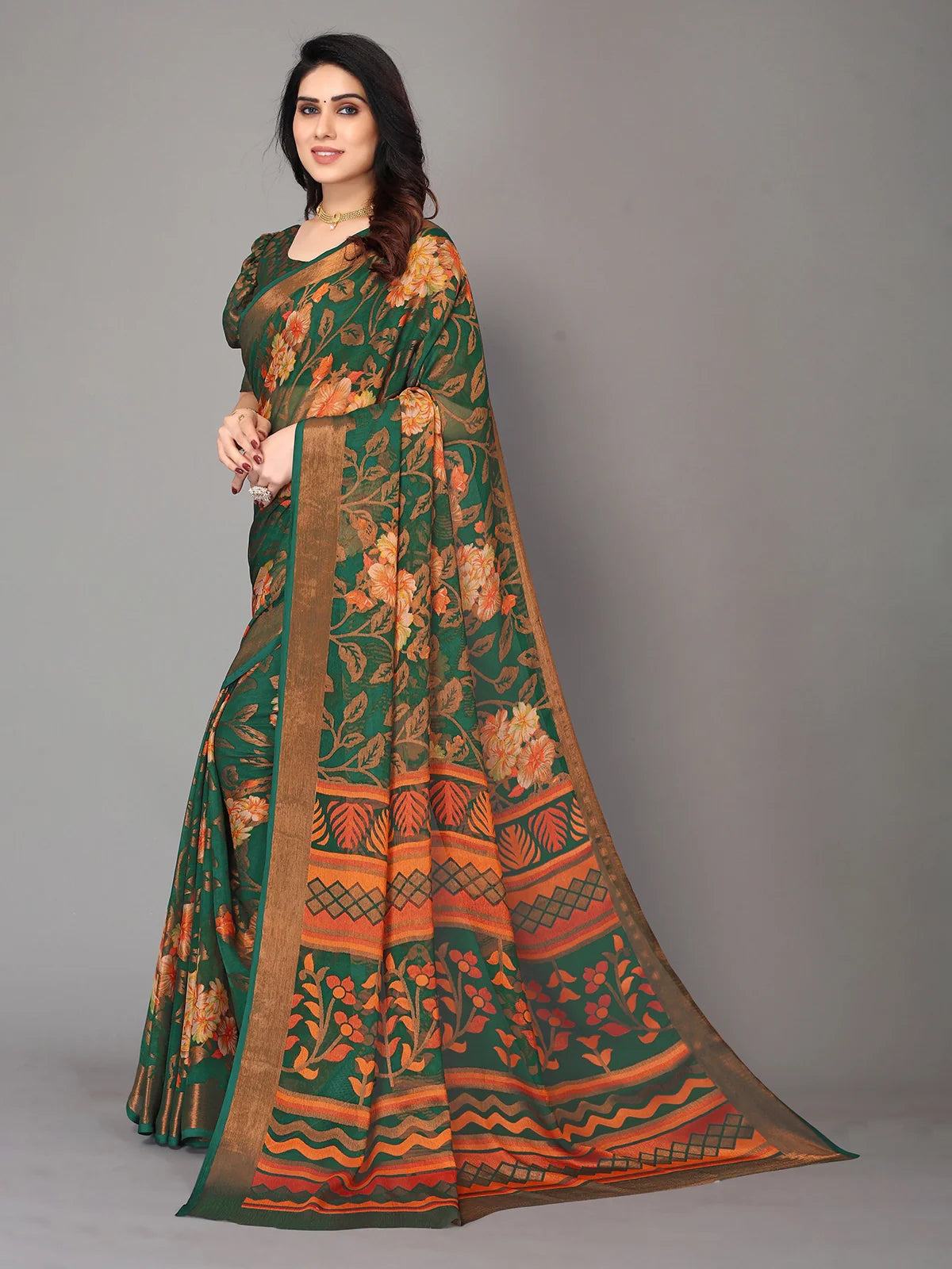 Buy Floral Printed Chiffon Saree With Blouse Piece-Green