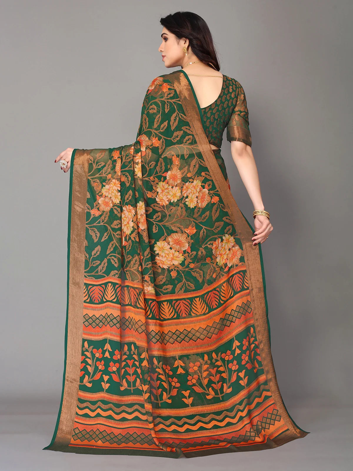 Buy Floral Printed Chiffon Saree With Blouse Piece-Green