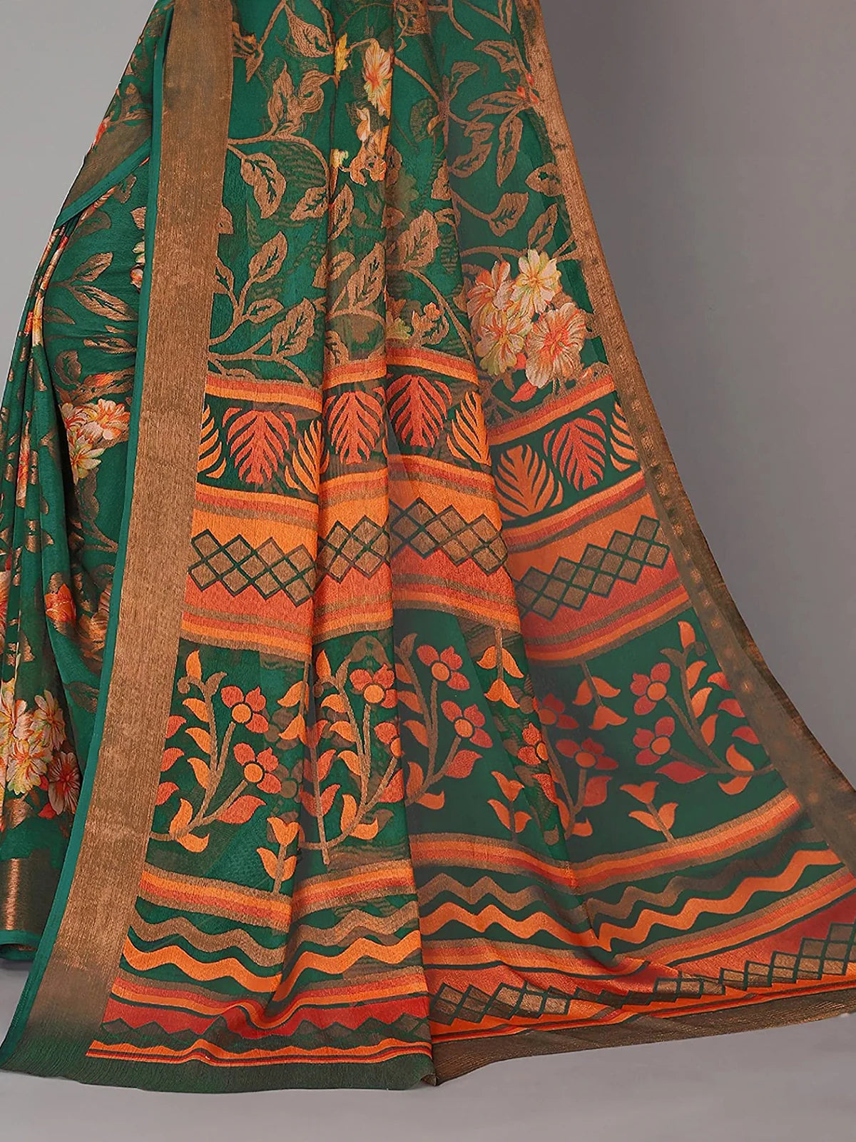 Buy Floral Printed Chiffon Saree With Blouse Piece-Green