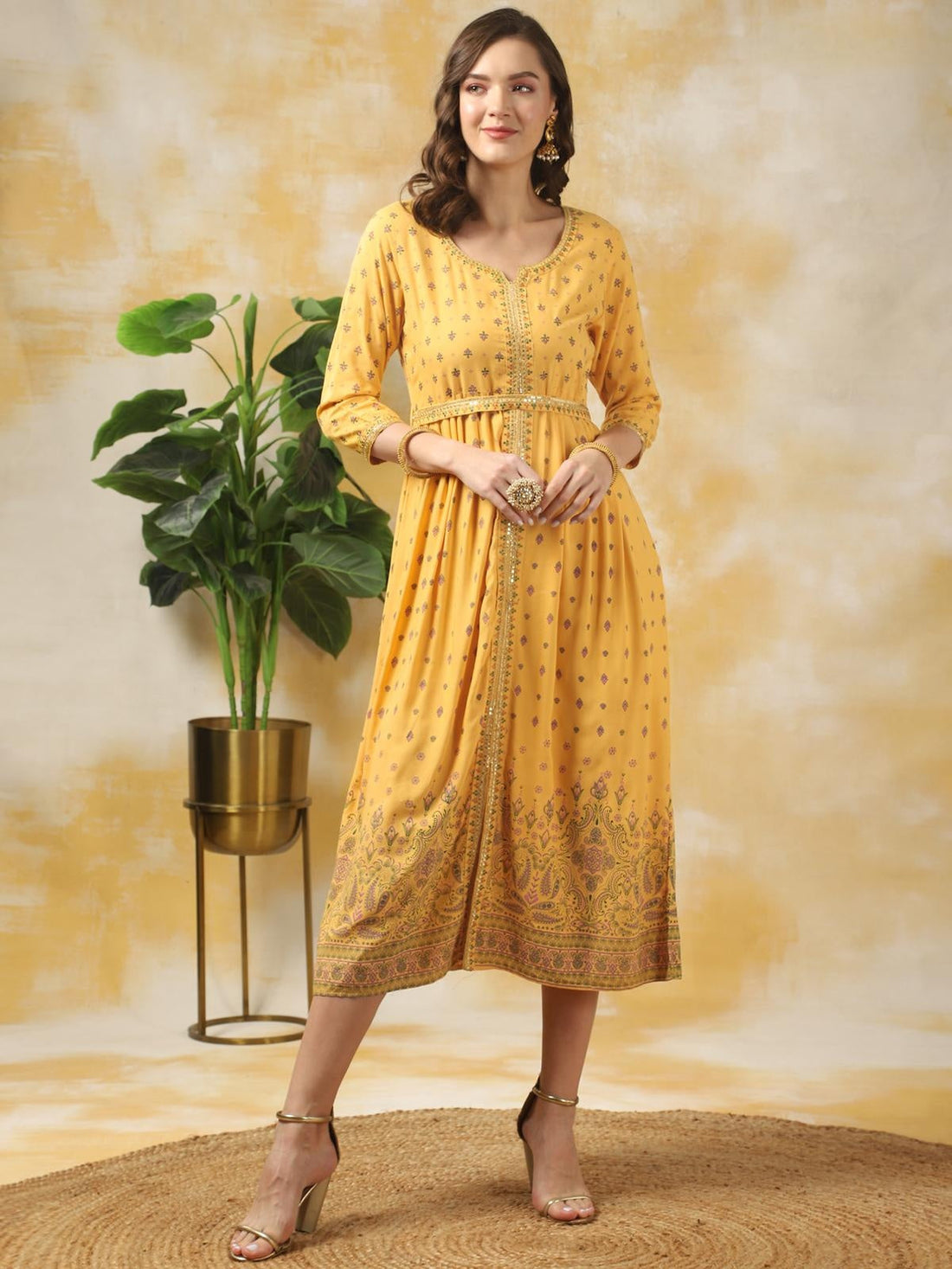 Buy Rayon Printed Gown Calf Length Ethnic Dress With Belt-Yellow