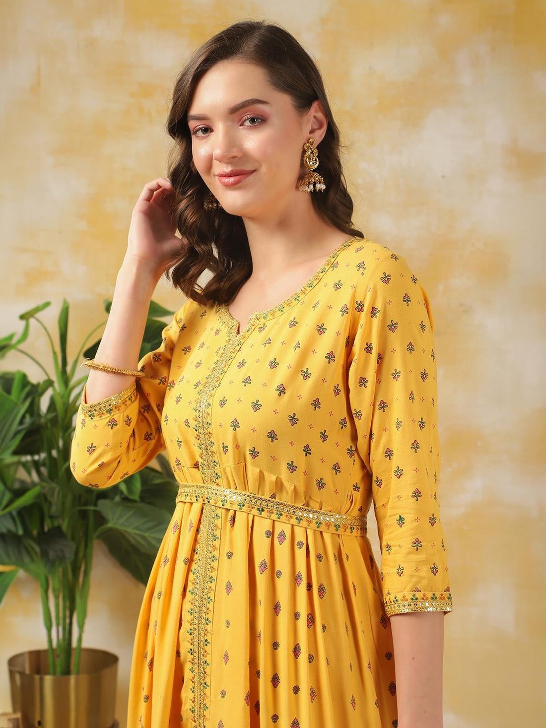 Buy Rayon Printed Gown Calf Length Ethnic Dress With Belt-Yellow