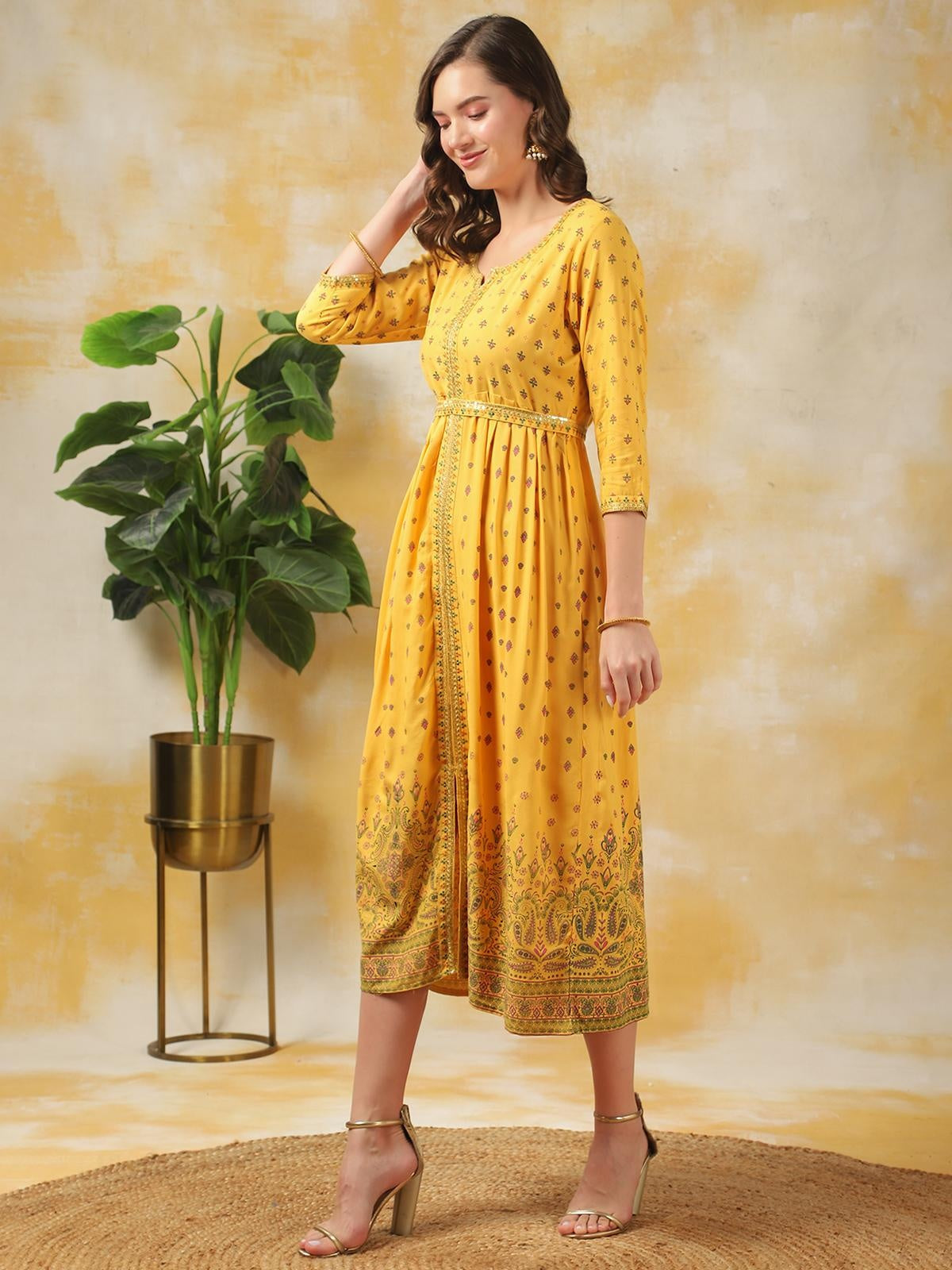 Buy Rayon Printed Gown Calf Length Ethnic Dress With Belt-Yellow