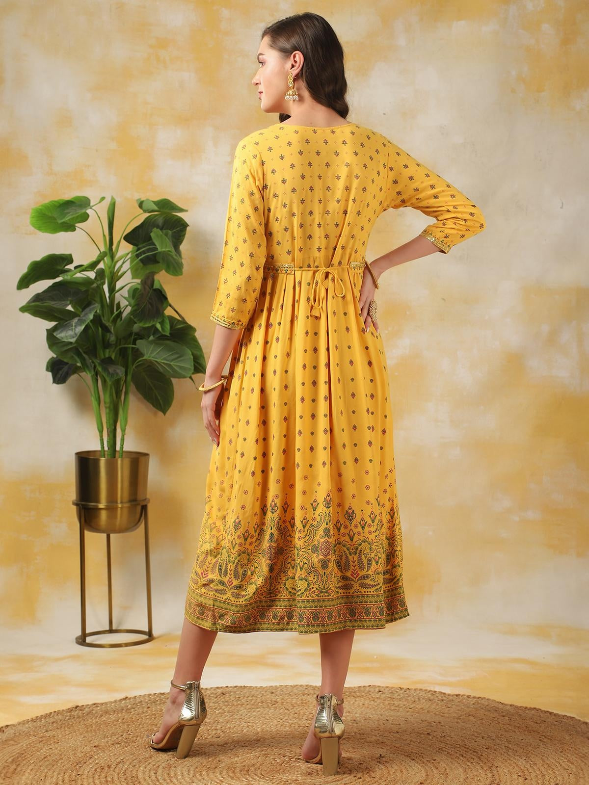 Buy Rayon Printed Gown Calf Length Ethnic Dress With Belt-Yellow