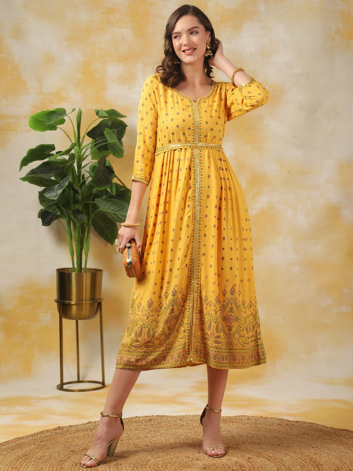 Buy Rayon Printed Gown Calf Length Ethnic Dress With Belt-Yellow