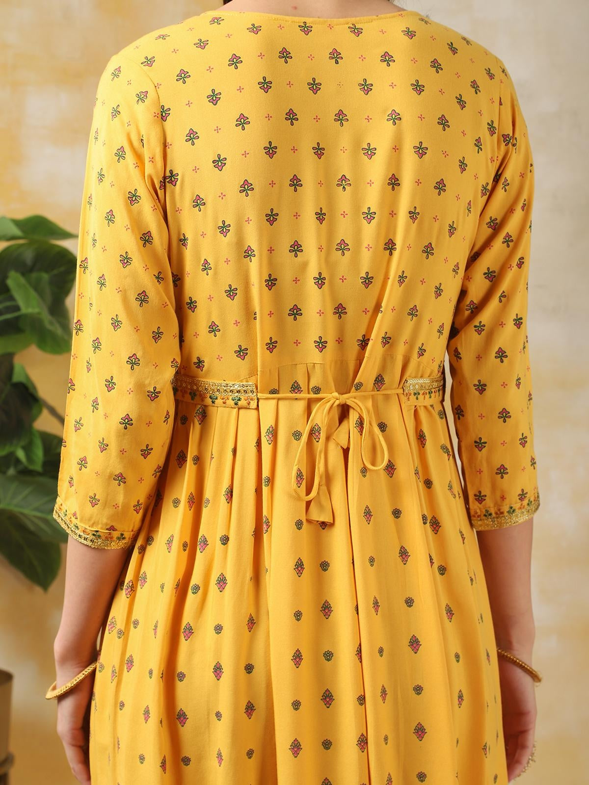 Buy Rayon Printed Gown Calf Length Ethnic Dress With Belt-Yellow