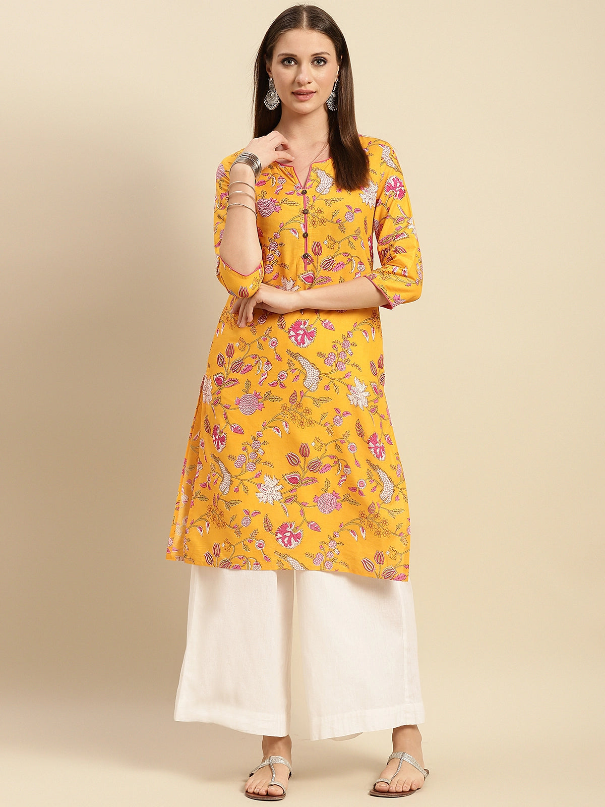 Buy 100% Cotton Floral Printed Knee Length Straight Kurta-Yellow