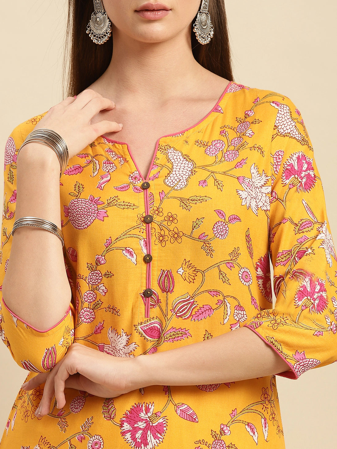 Buy 100% Cotton Floral Printed Knee Length Straight Kurta-Yellow