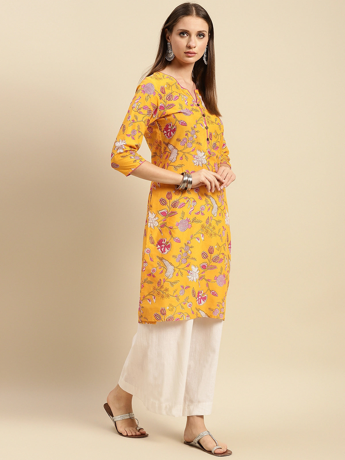 Buy 100% Cotton Floral Printed Knee Length Straight Kurta-Yellow