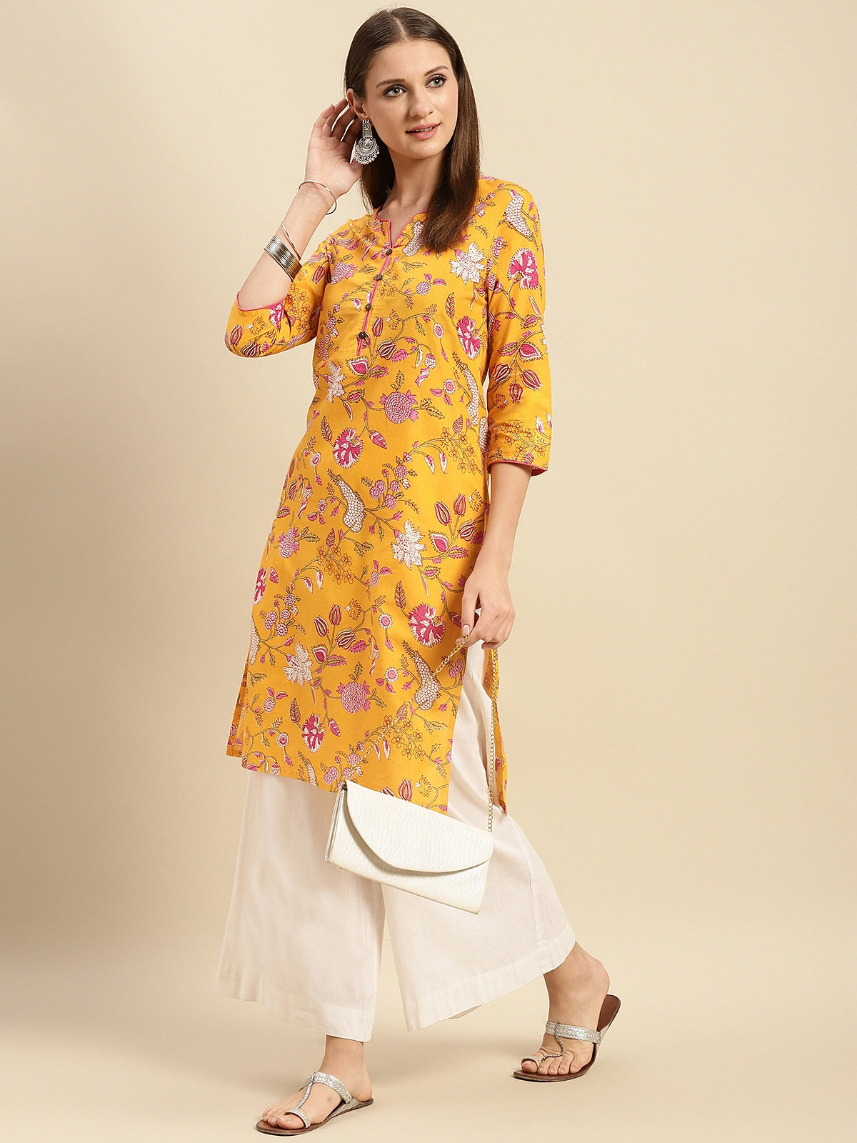 Buy 100% Cotton Floral Printed Knee Length Straight Kurta-Yellow