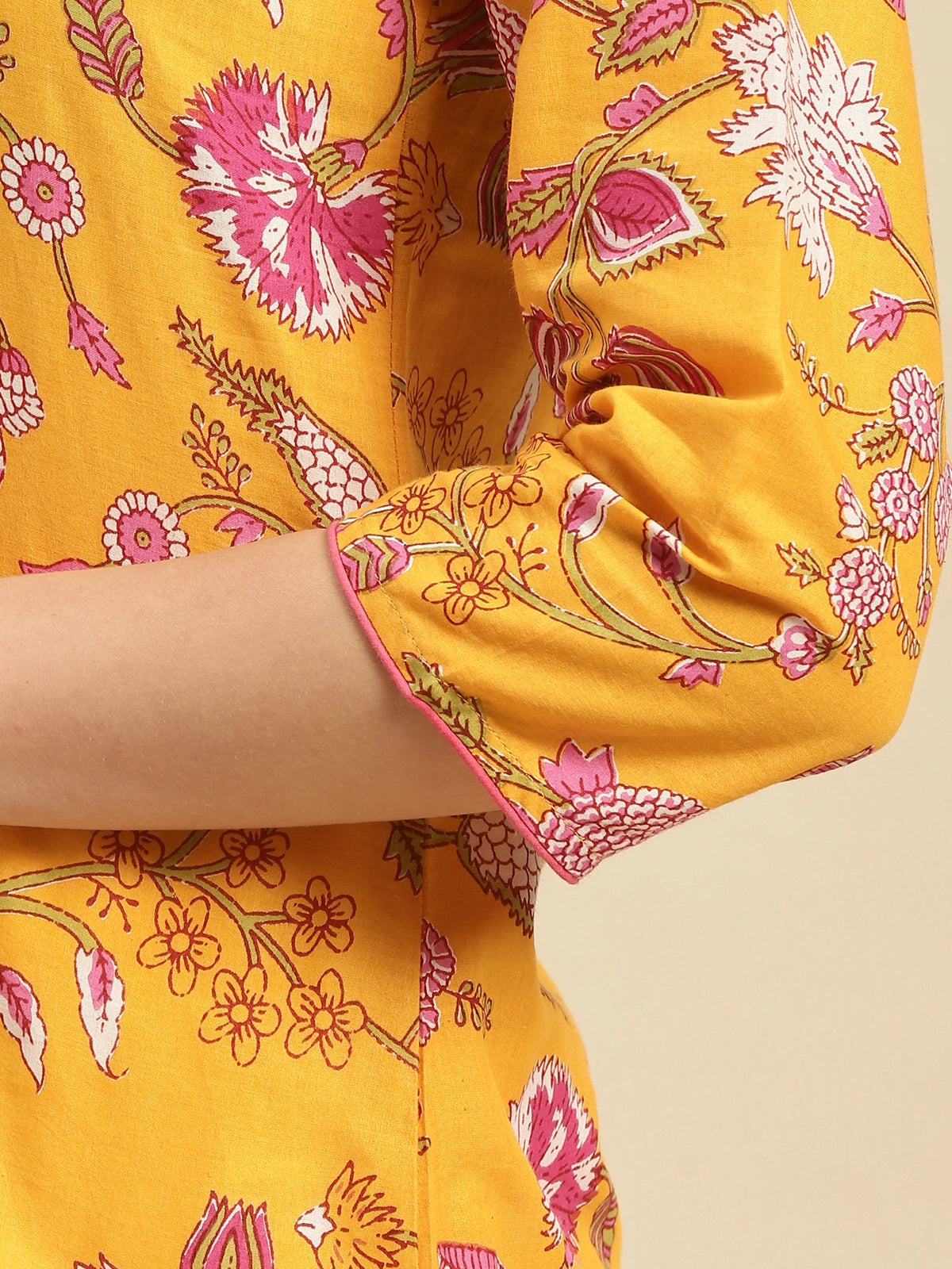 Buy 100% Cotton Floral Printed Knee Length Straight Kurta-Yellow