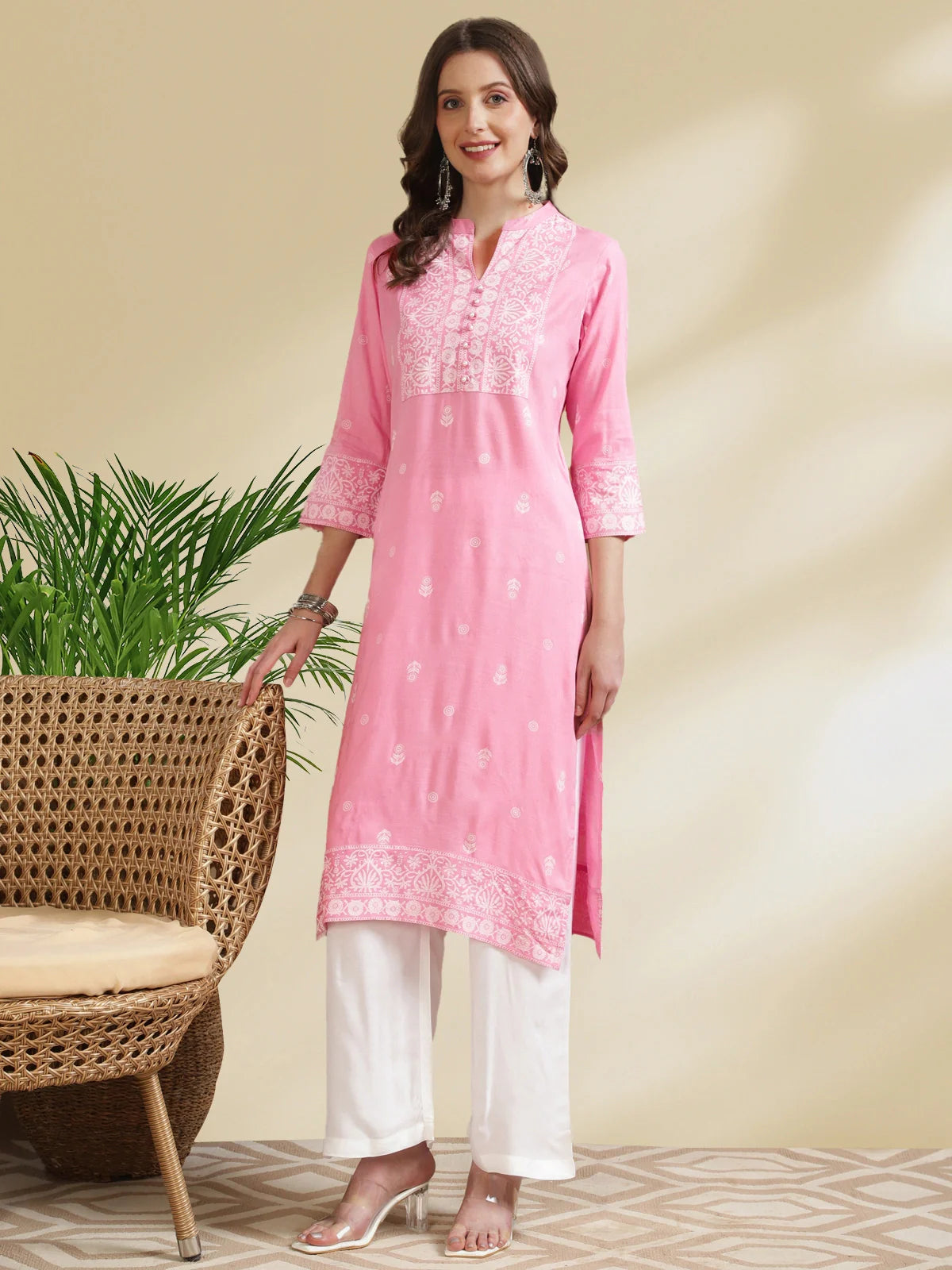 Buy Rayon Printed Calf Length Straight Kurta-Pink