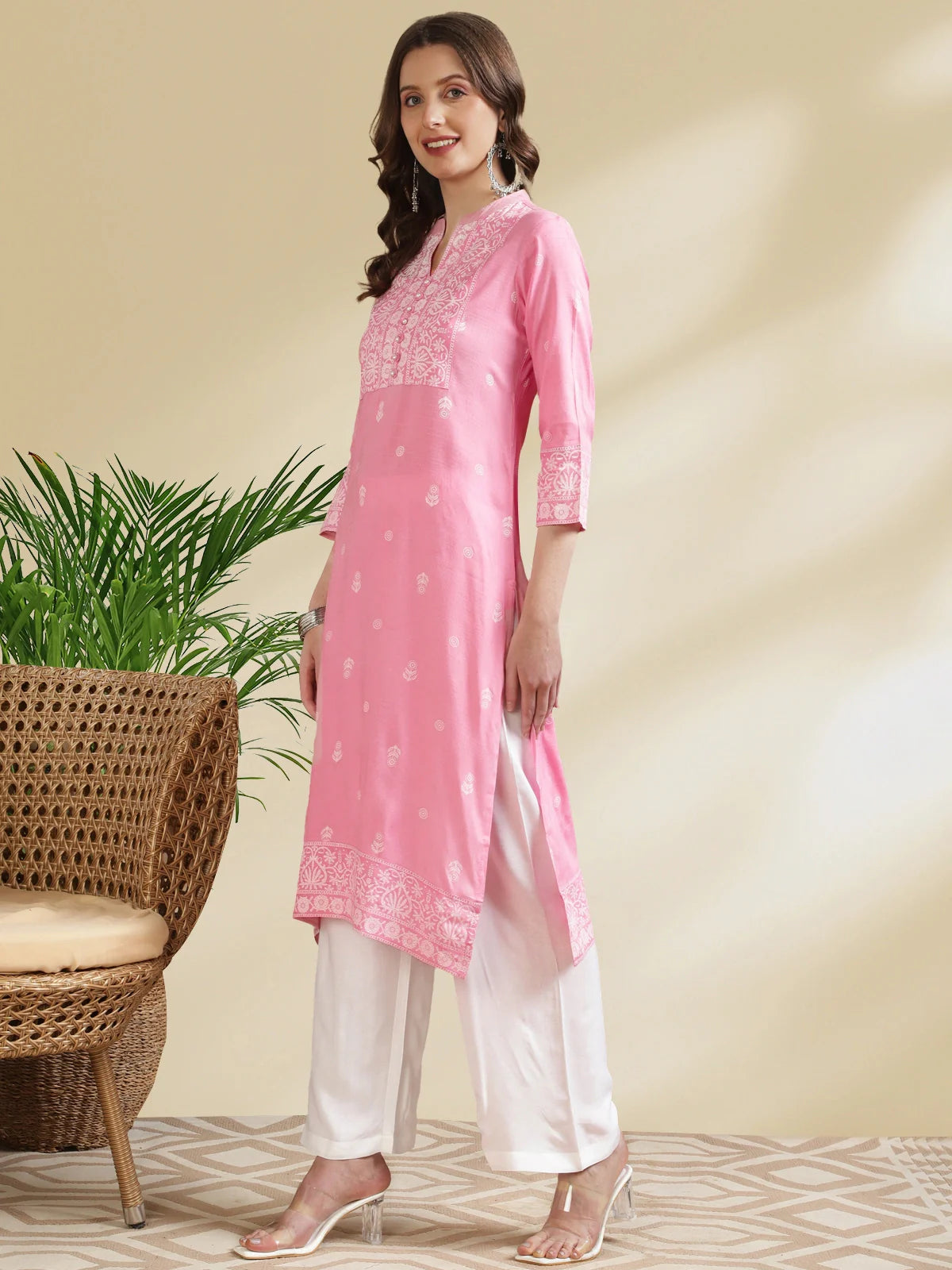 Buy Rayon Printed Calf Length Straight Kurta-Pink