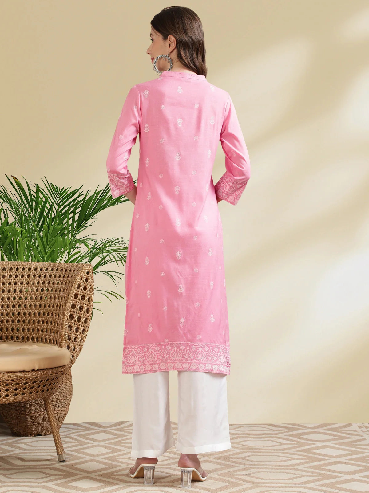 Buy Rayon Printed Calf Length Straight Kurta-Pink