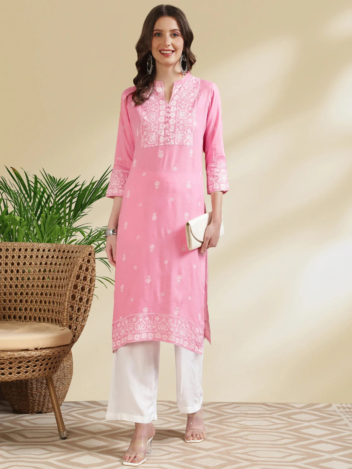 Buy Rayon Printed Calf Length Straight Kurta-Pink