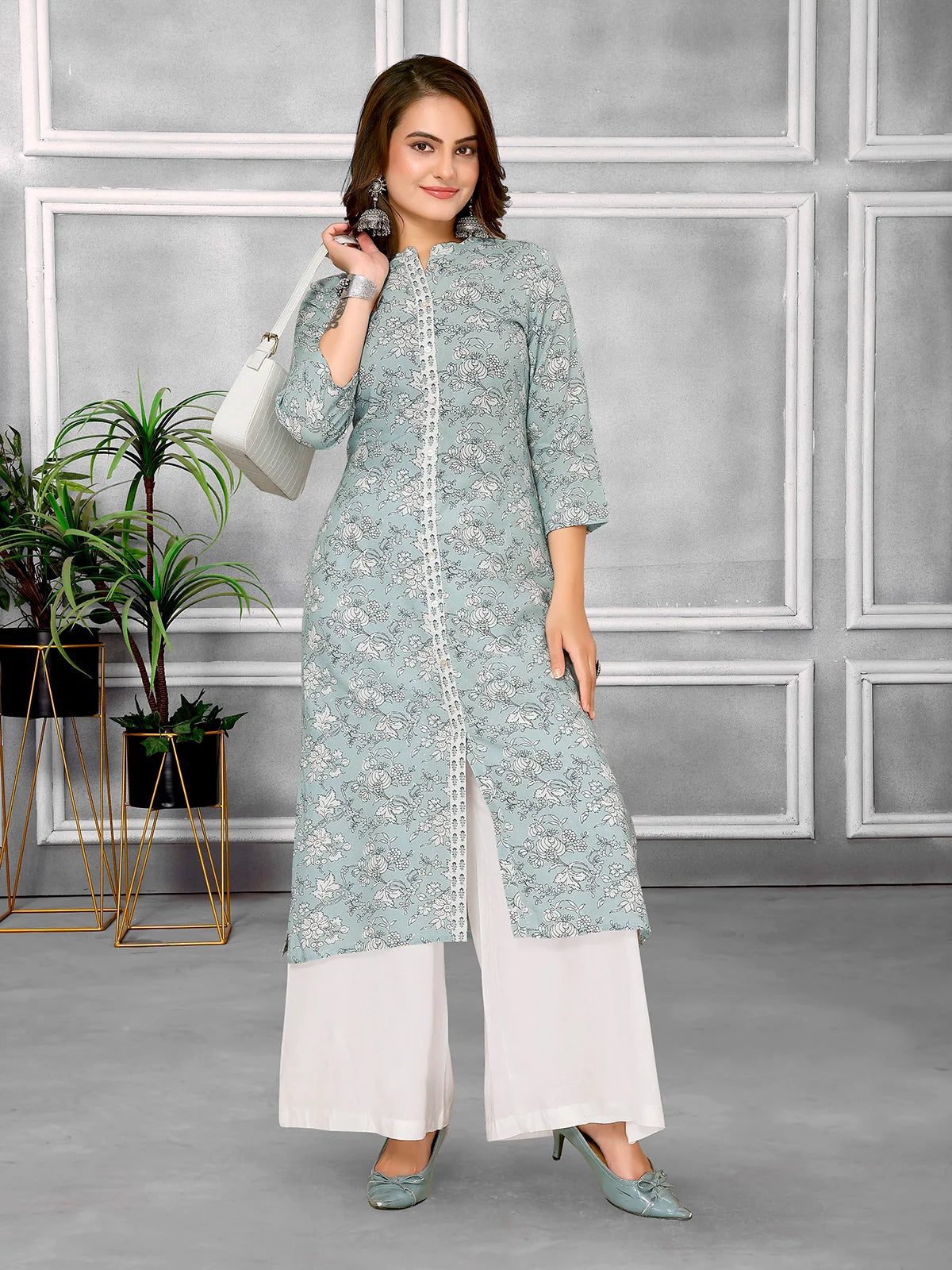 Buy Rayon Printed Calf Length A-line Kurta-Light Blue