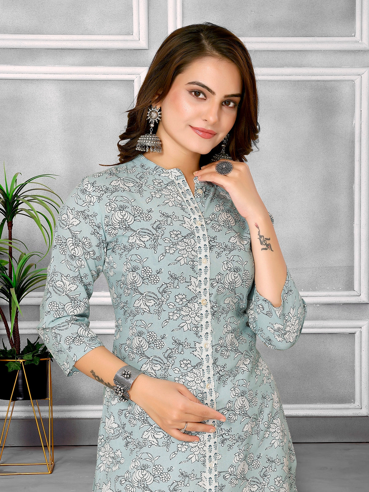 Buy Rayon Printed Calf Length A-line Kurta-Light Blue