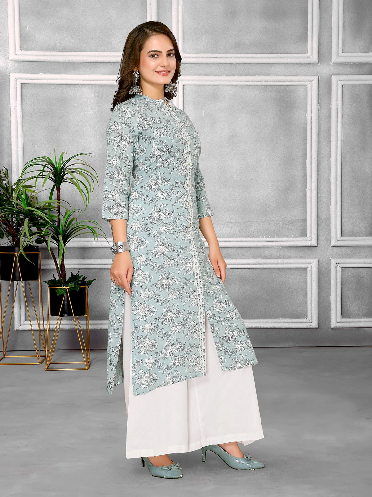 Buy Rayon Printed Calf Length A-line Kurta-Light Blue