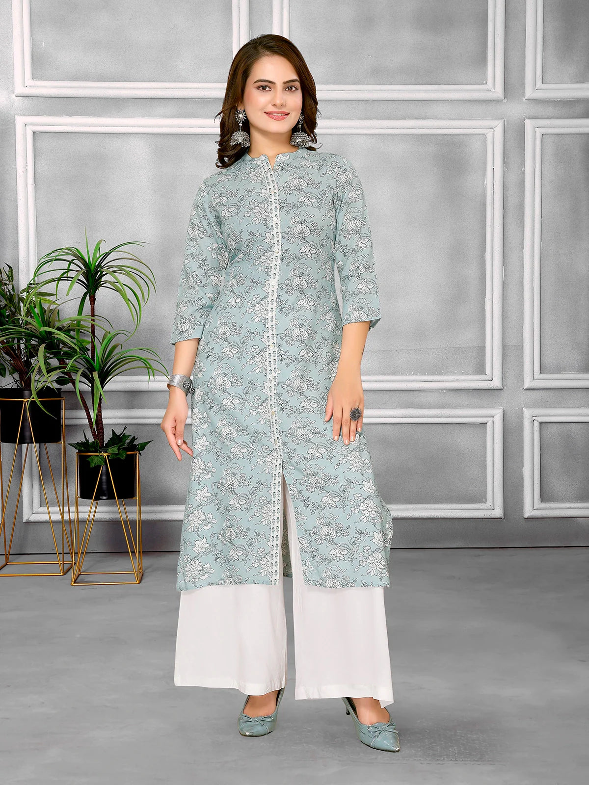 Buy Rayon Printed Calf Length A-line Kurta-Light Blue