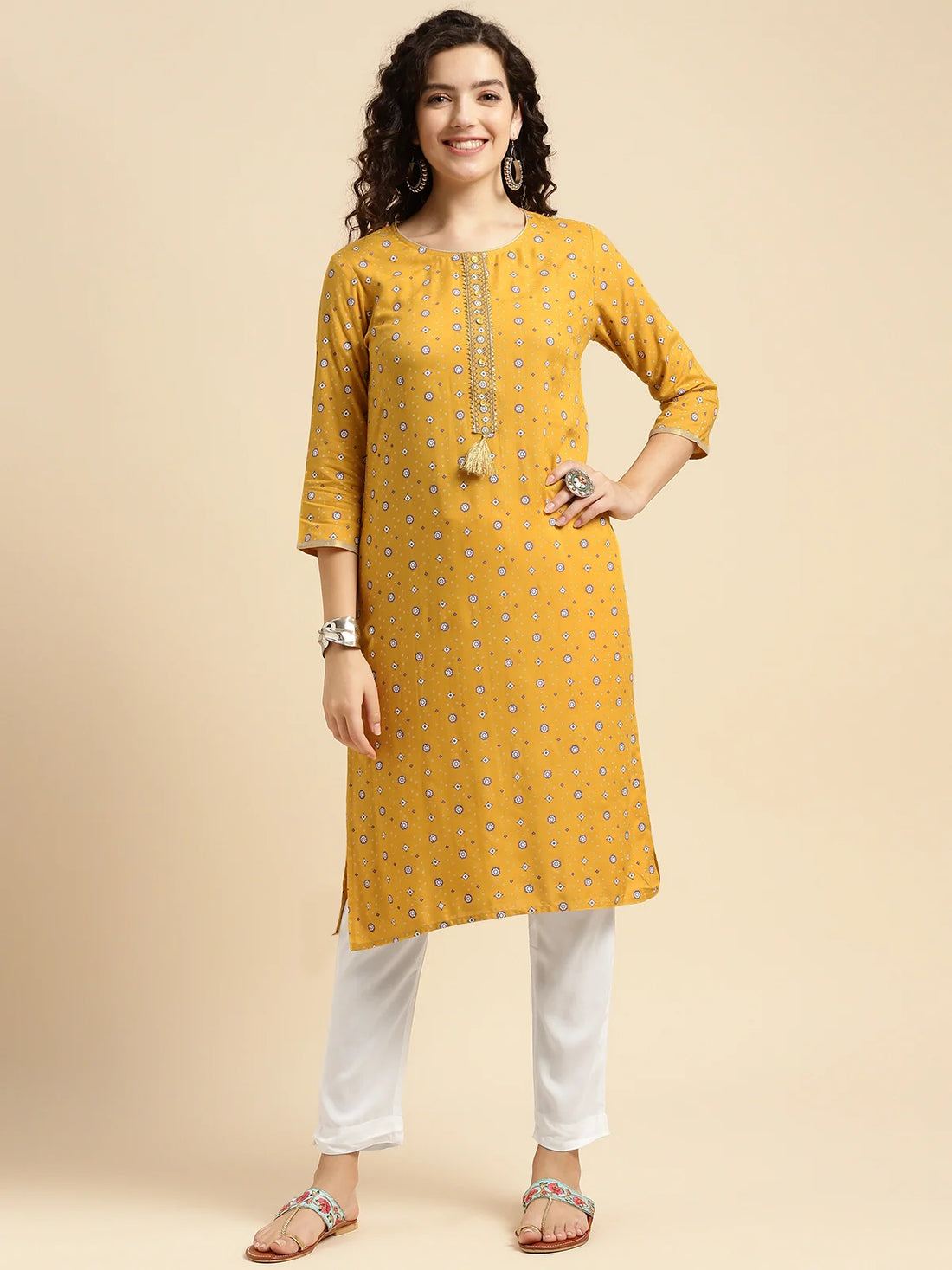 Buy Rayon Abstract Printed Knee Length Straight Kurta With Pant-Yellow