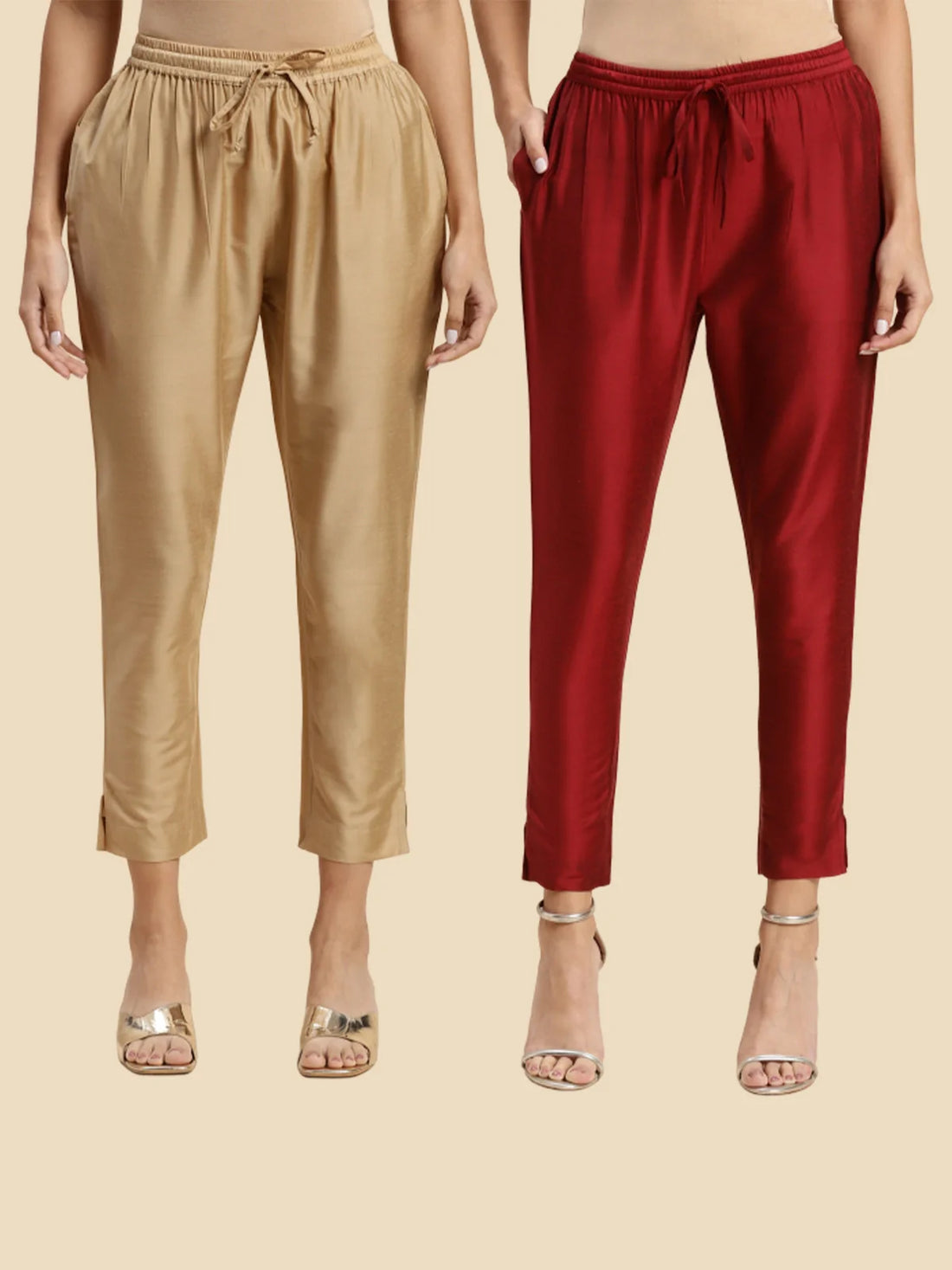 Buy Solid Ankle Length Pencil Pants (Pack of 2)-Gold & Maroon