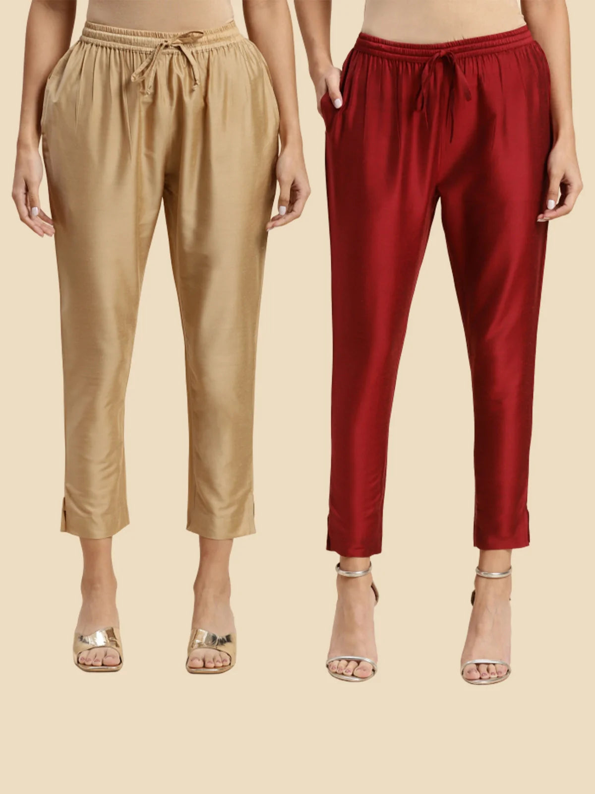 Buy Solid Ankle Length Pencil Pants (Pack of 2)-Beige & Maroon