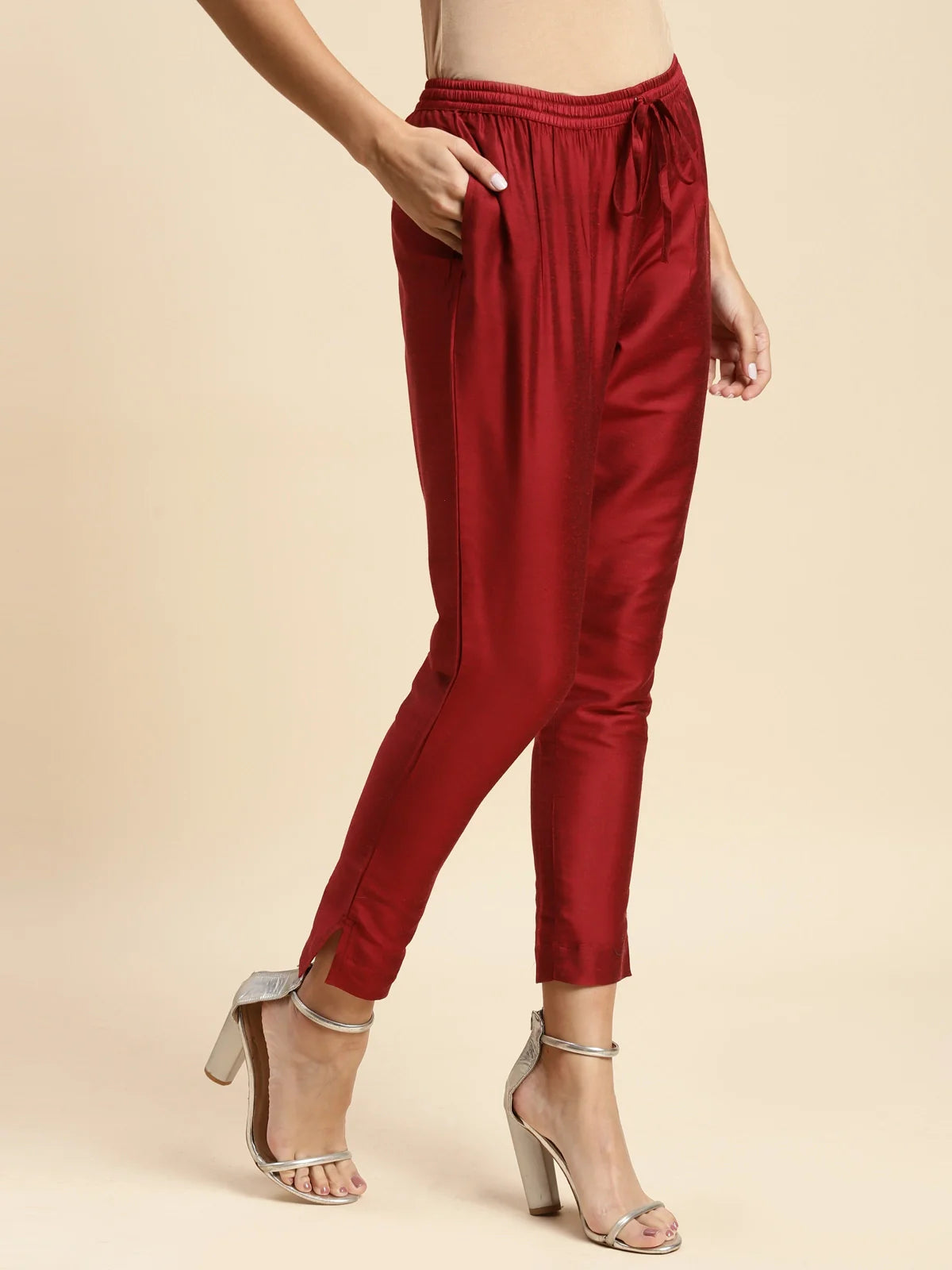 Buy Solid Ankle Length Pencil Pant-Maroon