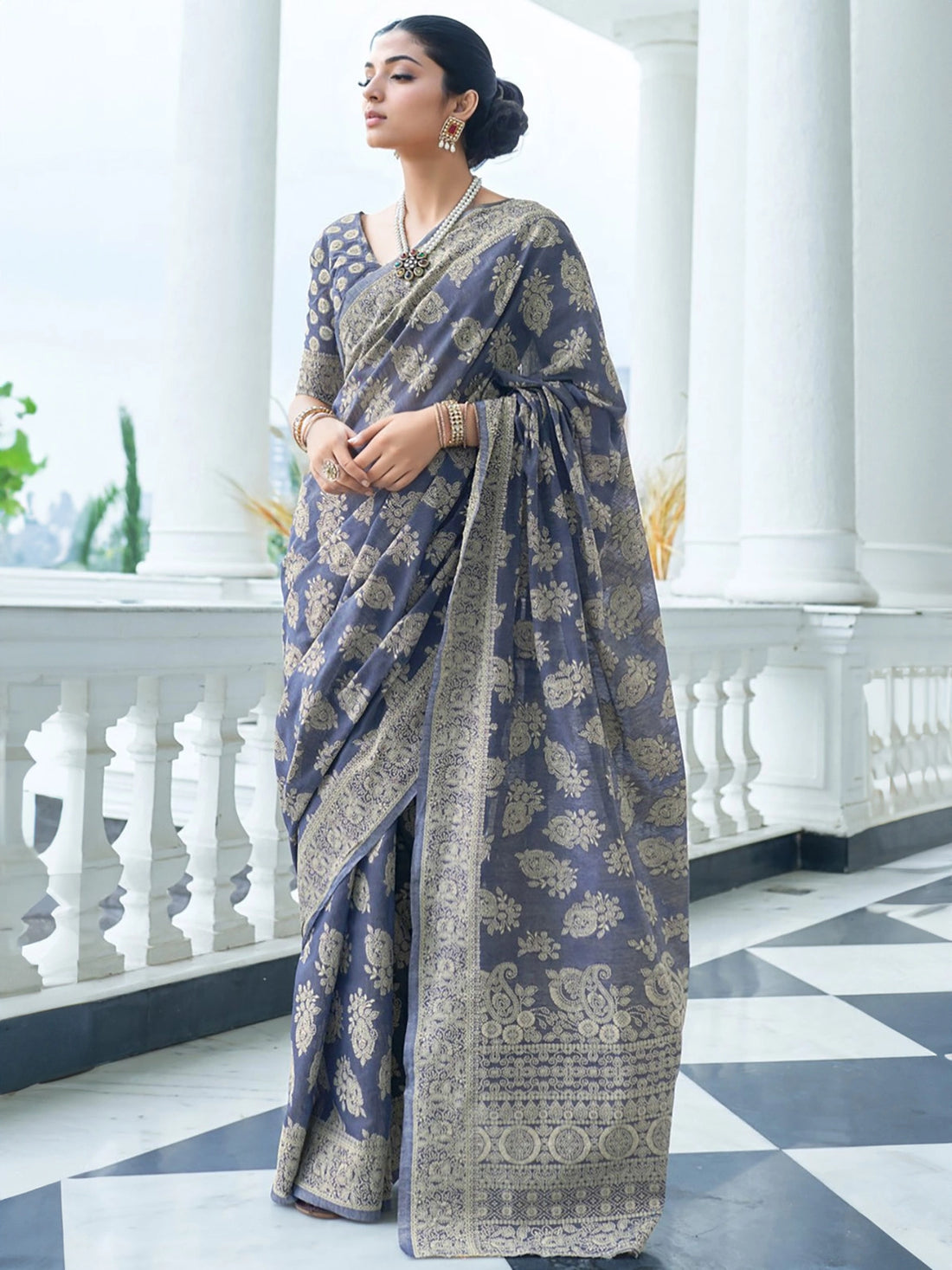 Buy Ethnic Motifs Woven Cotton Blend Saree With Blouse Piece-Blue