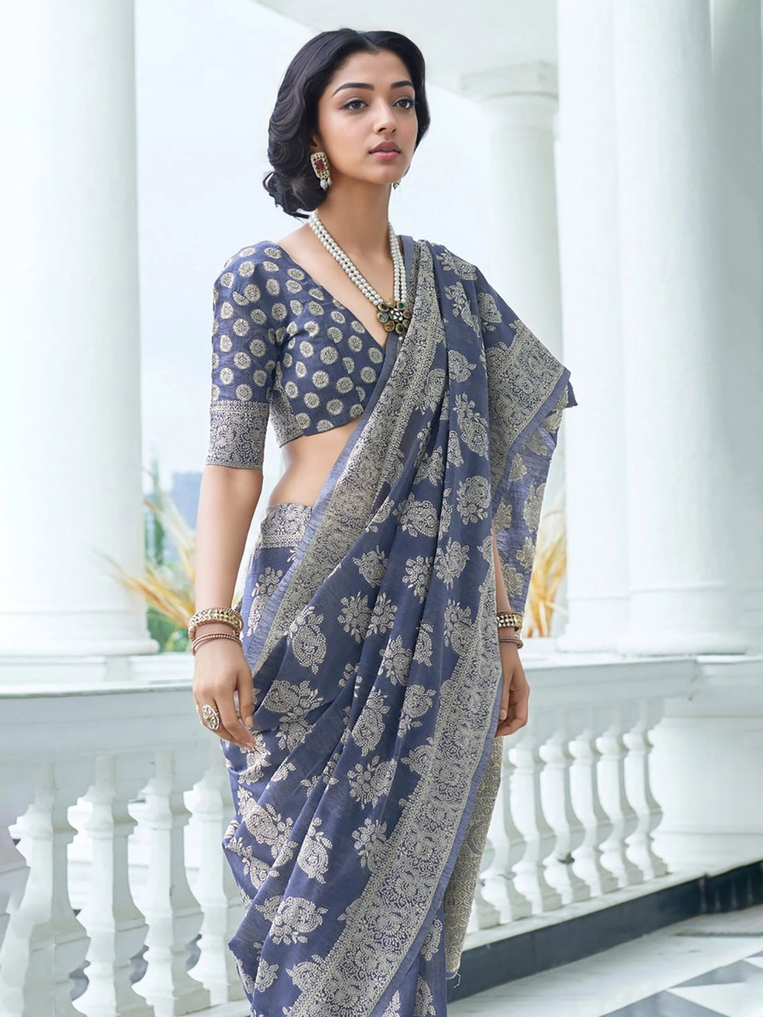 Buy Ethnic Motifs Woven Cotton Blend Saree With Blouse Piece-Blue